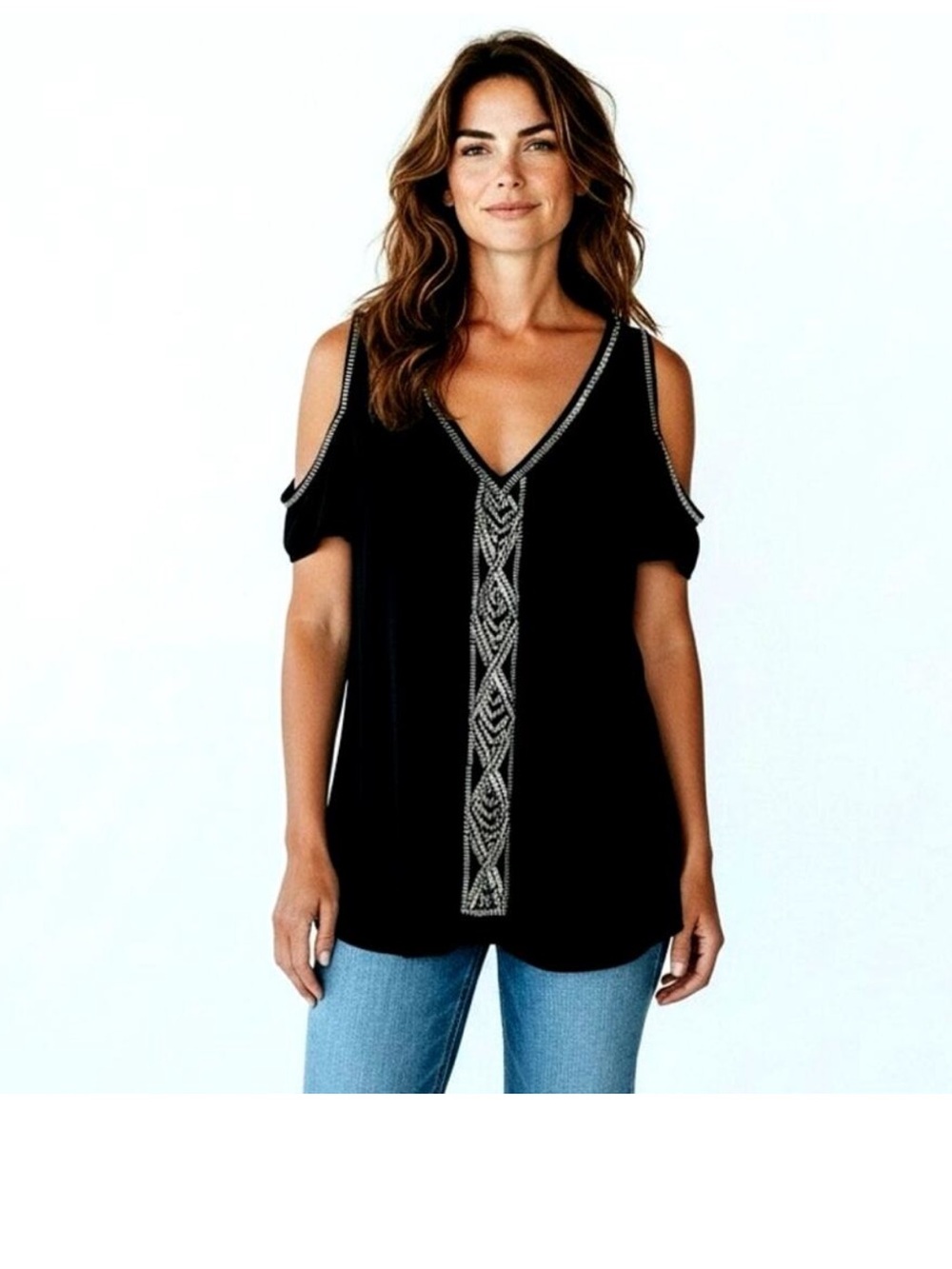 ⭐️NWT⭐️Parker Black Cold-Shoulder V-Neck Silk Top with Silver Beaded Trim-Size L